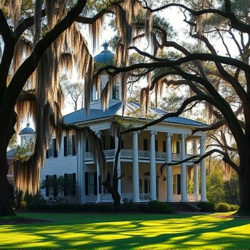 Historic plantation house with Spanish moss draped over oak trees in Savannah, Georgia.