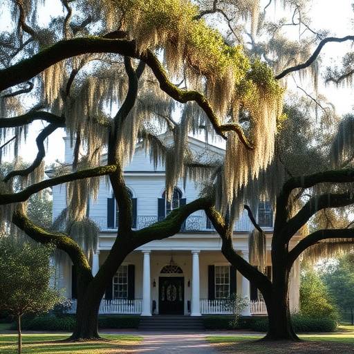 Historic plantation house with Spanish moss draped over oak trees in Savannah, Georgia.
