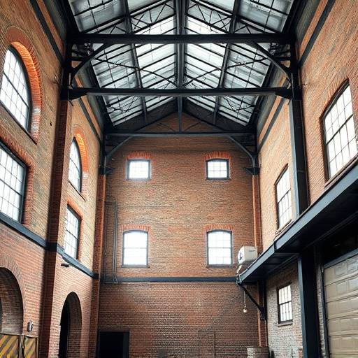 Industrial warehouse with exposed brick and metal beams in Brooklyn, New York.