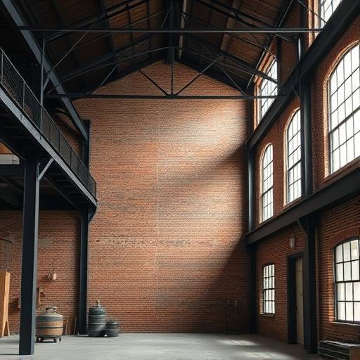 Industrial warehouse with exposed brick and metal beams in Brooklyn, New York.