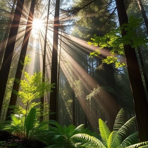 Lush green forest with sunlight streaming through the trees in Oregon, USA.
