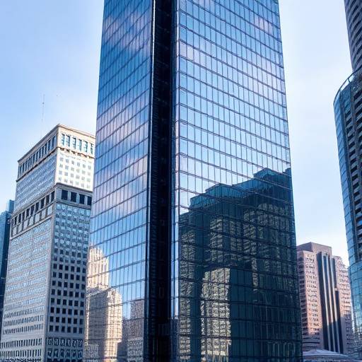 Modern glass skyscraper reflecting the cityscape in downtown Chicago, Illinois.