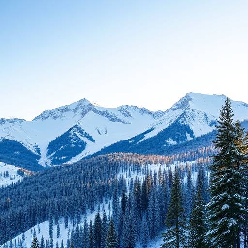 Snow-covered mountain range with evergreen trees in the Colorado Rockies, USA.