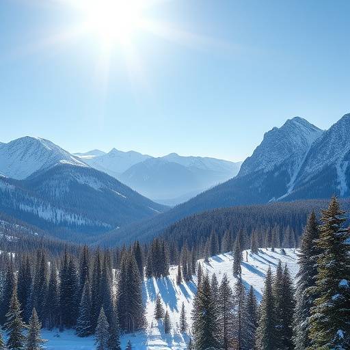 Snow-covered mountain range with evergreen trees in the Colorado Rockies, USA.