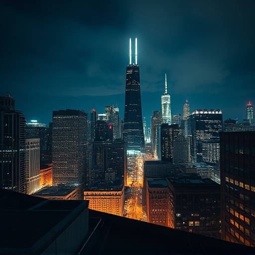 Still from the commercial 'City Lights', featuring a rooftop view of the Chicago skyline at night.