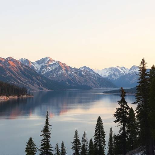 Tranquil lake surrounded by mountains in Lake Tahoe, California.